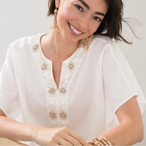 Chico’s Linen Cotton Beaded Tie Front Top Boxy Beachy Coastal 10 Lagenlook Chic - Picture 3 of 12
